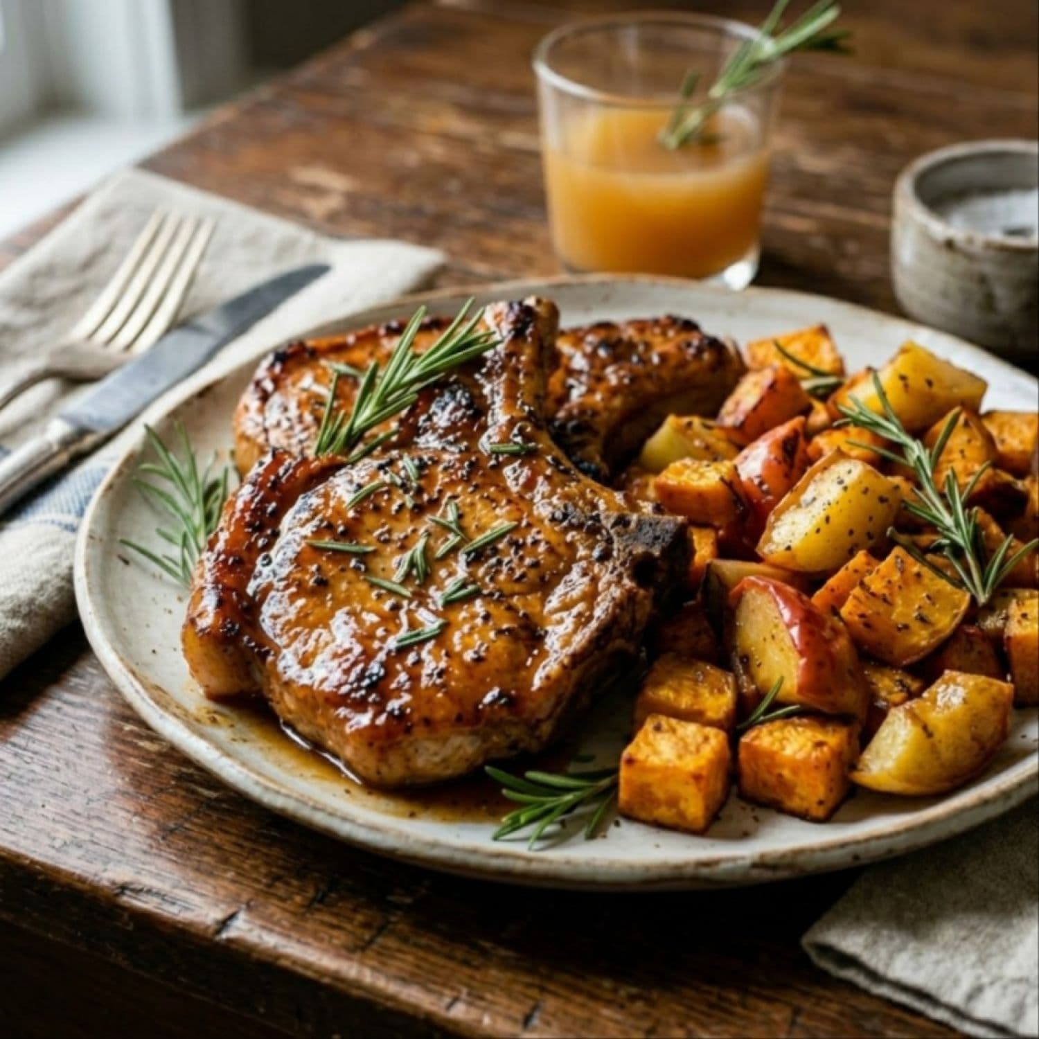 Apple Cider Glazed Pork Chops & Sweet Potatoes (Serves 4)